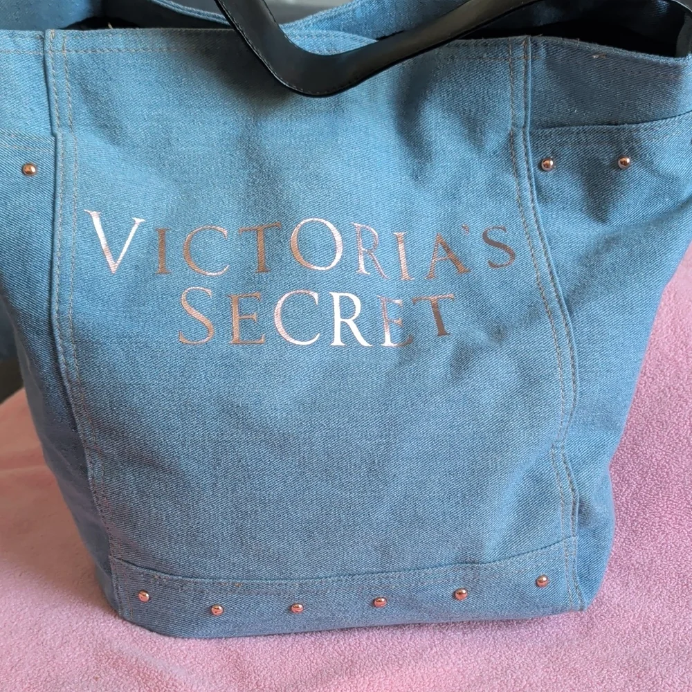 Victoria's Secret Blue Canvas Tote with Rose-Gold Accents